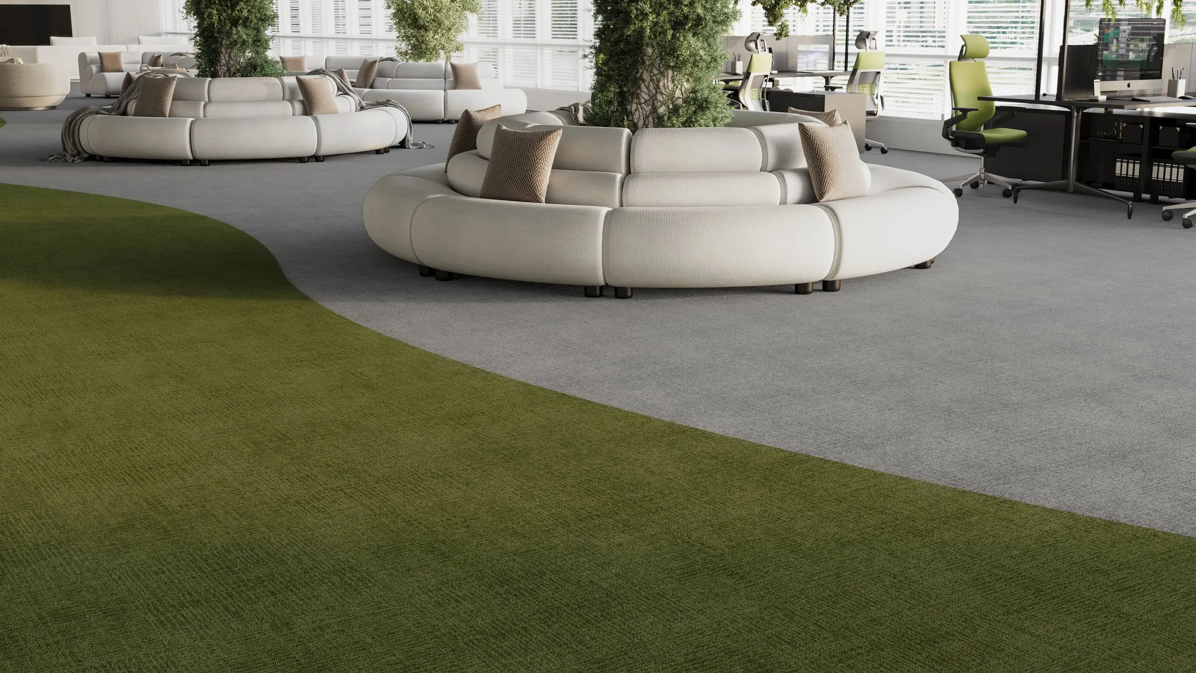 Lounge com sofás orgânicos e faixa curva de carpete verde-oliva