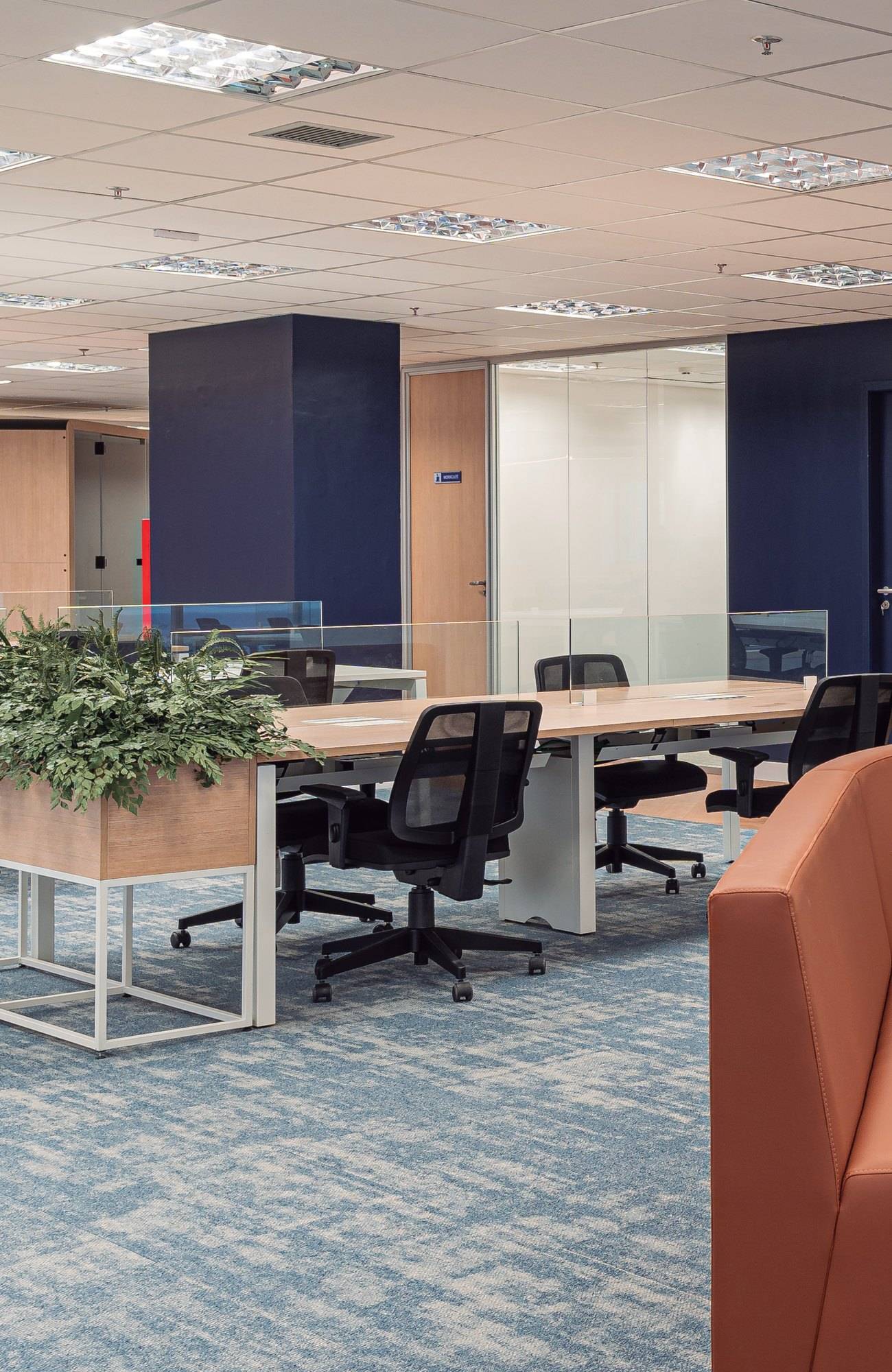 Escritório corporativo com carpete Explore Frontier 203 em tons de azul, mesas de trabalho e floreira